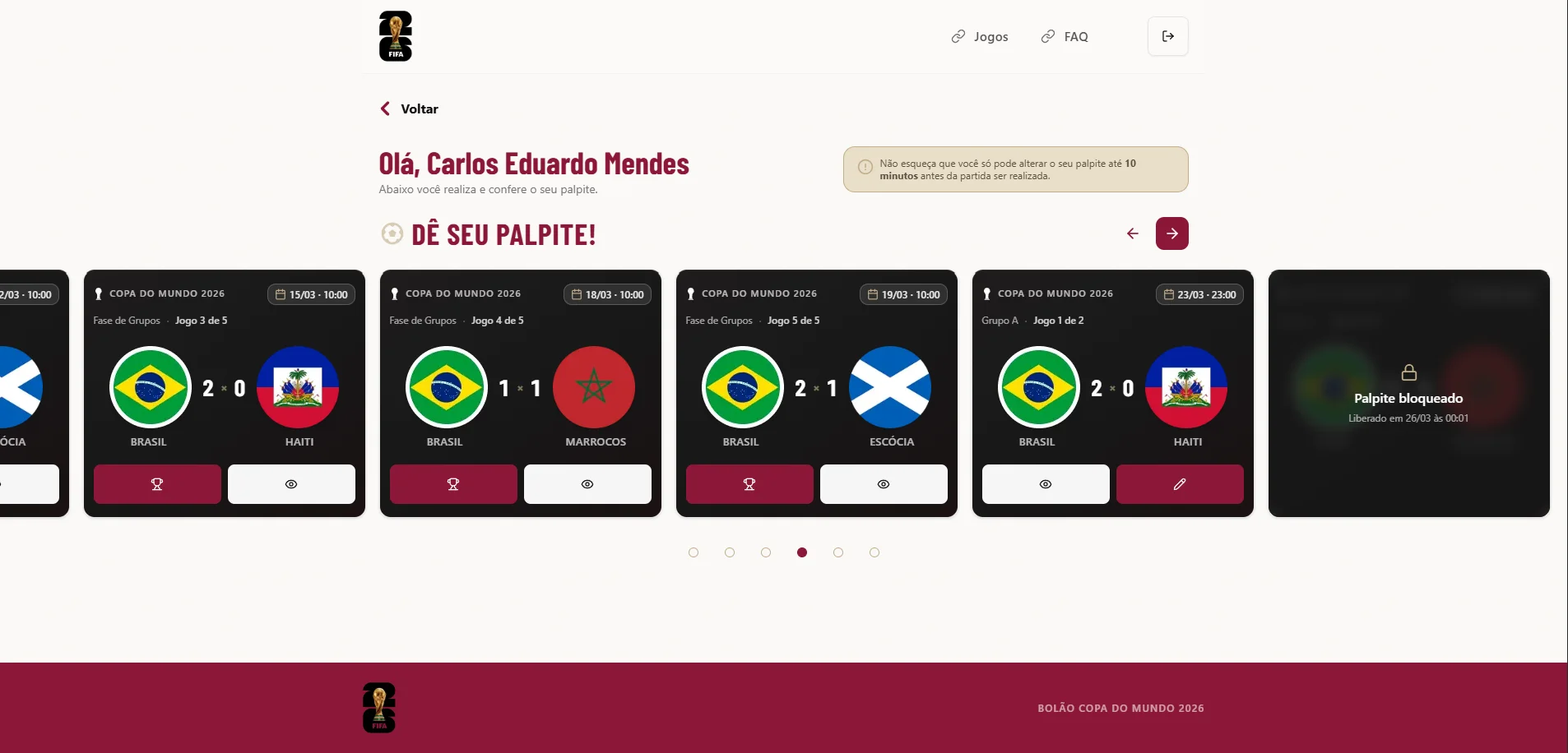 Dashboard do Bolão Copa 2026